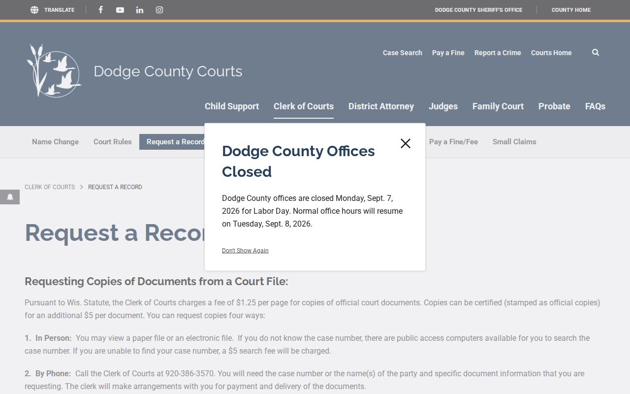 Dodge County court records request and certified copy fees