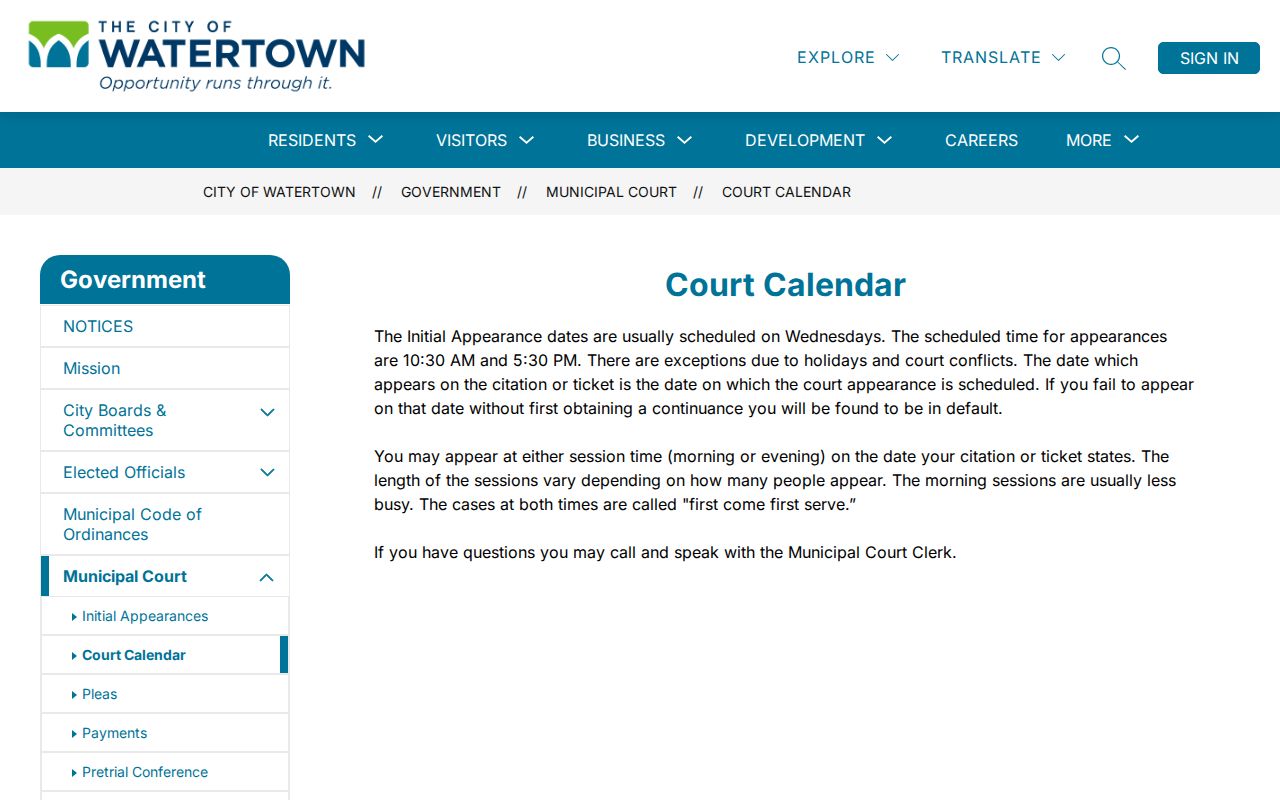 Watertown court records calendar and setting categories